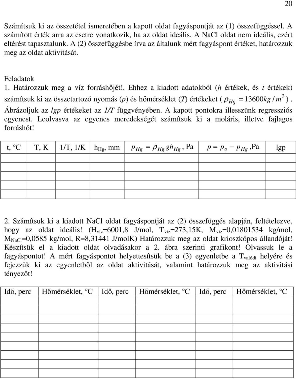 . Ehhez a kiadott adatokból (h értékek, és t értékek) számítsuk ki az összetartozó nyomás (p) és hőmérséklet (T) értékeket ( ρ 13600kg / m ). Hg = Ábrázoljuk az lgp értékeket az 1/T függvényében.