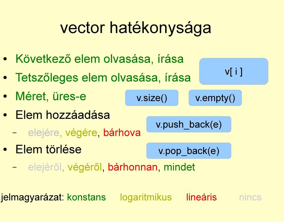 Elem törlése v.size() elejéről, végéről, bárhonnan, mindet v[ i ] v.