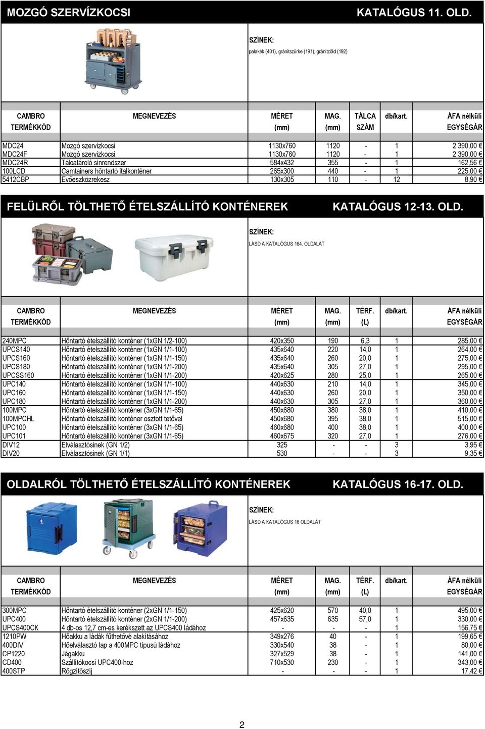 100LCD Camtainers hőntartó italkonténer 265x300 440-1 225,00 5412CBP Evőeszközrekesz 130x305 110-12 8,90 FELÜLRŐL TÖLTHETŐ ÉTELSZÁLLÍTÓ KONTÉNEREK KATALÓGUS 12-13. OLD. LÁSD A KATALÓGUS 164.