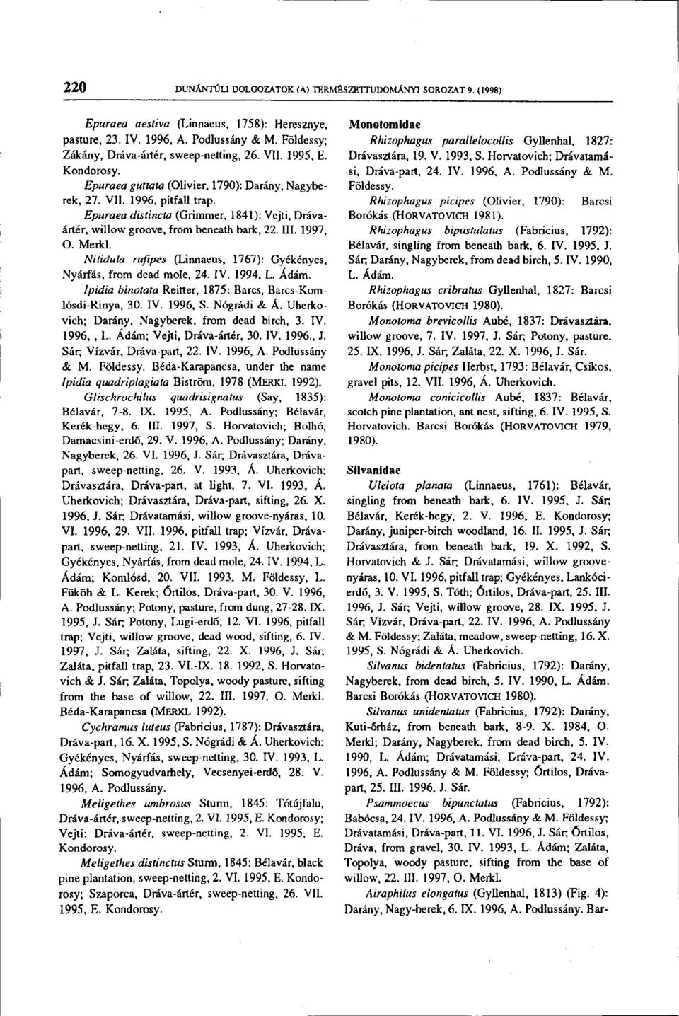 Epuraea distincta (Grimmer, 1841): Vejti, Drávaártér, willow groove, from beneath bark, 22. III. 1997, O. Merkl. Nitidula rufipes (Linnaeus, 1767): Gyékényes, Nyárfás, from dead mole, 24. IV. 1994, L.