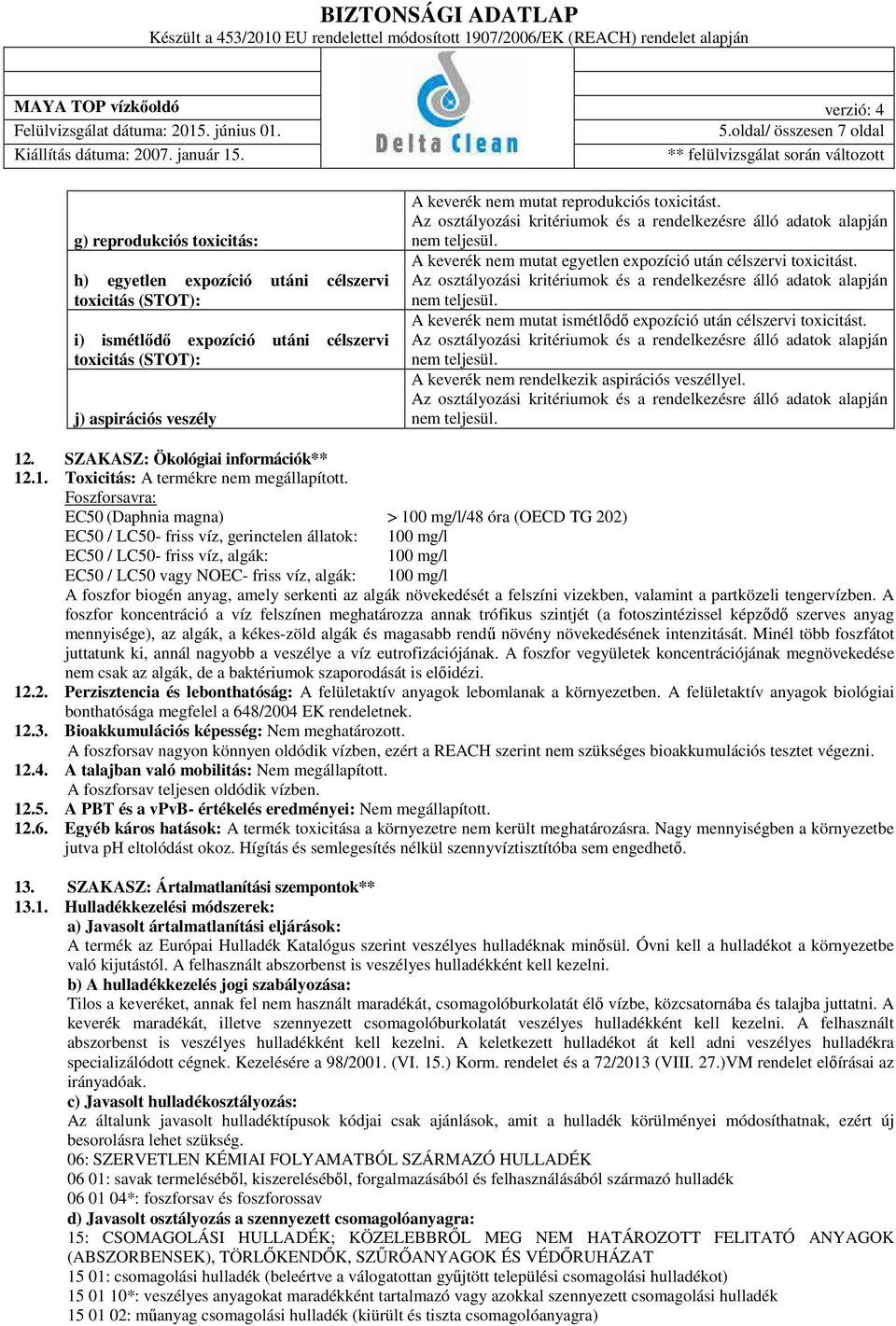 A keverék nem rendelkezik aspirációs veszéllyel. 12. SZAKASZ: Ökológiai információk** 12.1. Toxicitás: A termékre nem megállapított.