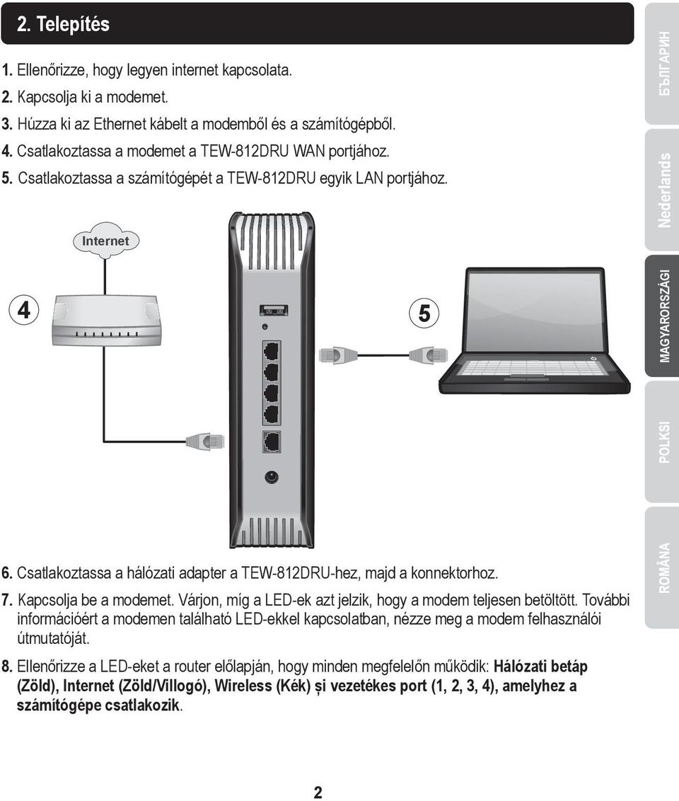 Csatlakoztassa a hálózati adapter a TEW-812DRU-hez, majd a konnektorhoz. 7. Kapcsolja be a modemet. Várjon, míg a LED-ek azt jelzik, hogy a modem teljesen betöltött.