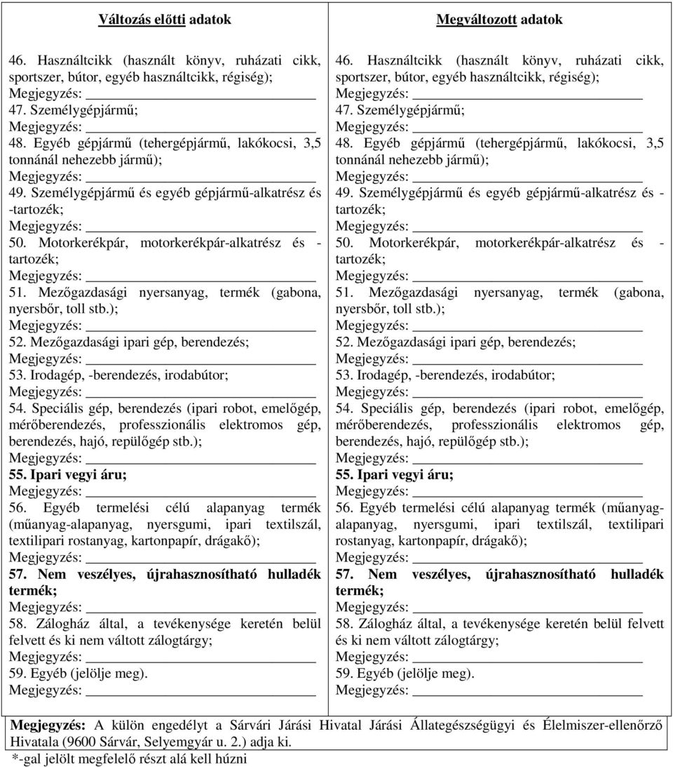 Mezőgazdasági nyersanyag, termék (gabona, nyersbőr, toll 52. Mezőgazdasági ipari gép, berendezés; 53. Irodagép, -berendezés, irodabútor; 54.
