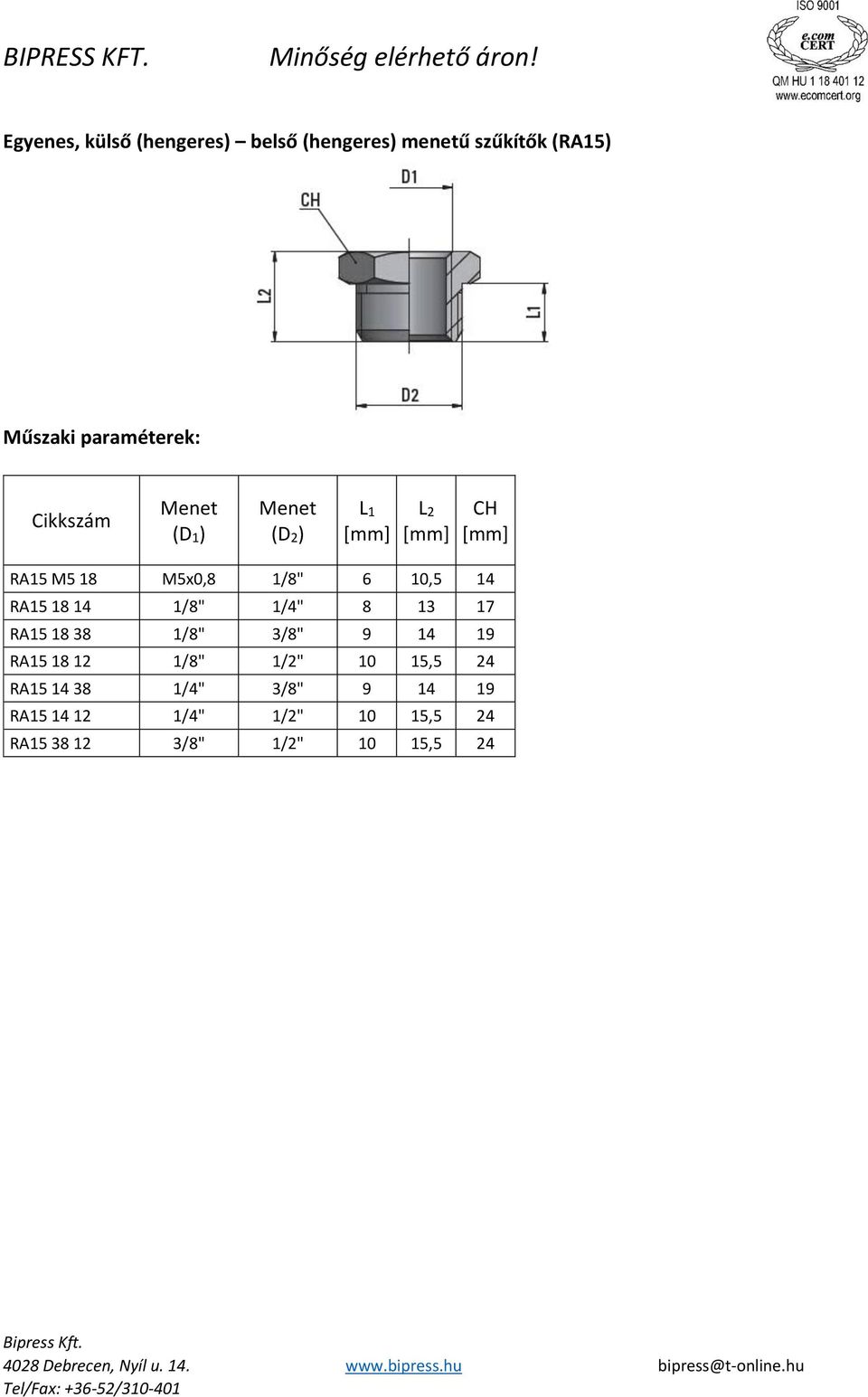 1/8" 3/8" 9 14 19 RA15 18 12 1/8" 1/2" 10 15,5 24 RA15 14 38 1/4" 3/8"