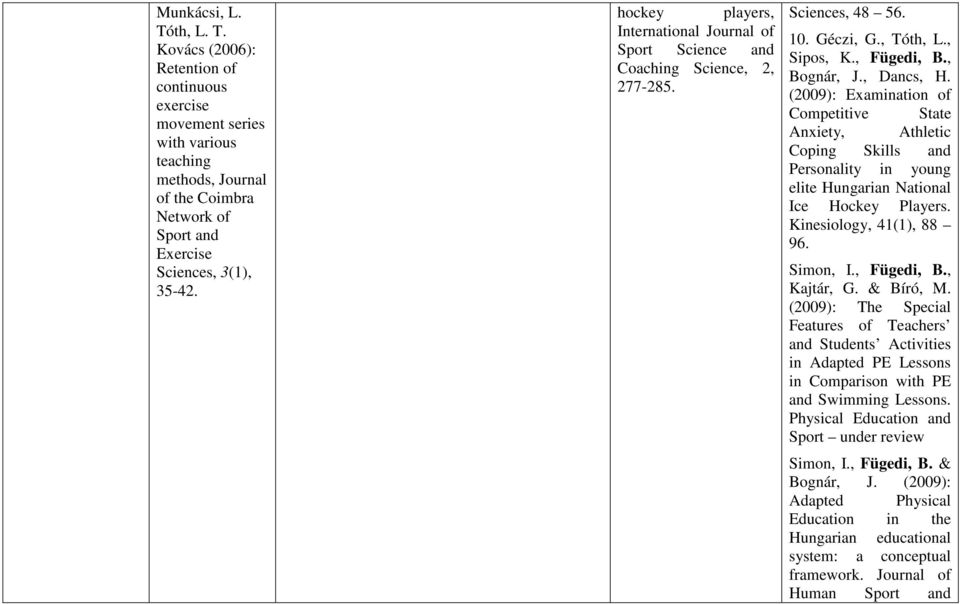 (2009): Examination of Competitive State Anxiety, Athletic Coping Skills and Personality in young elite Hungarian National Ice Hockey Players. Kinesiology, 41(1), 88 96. Simon, I., Fügedi, B.