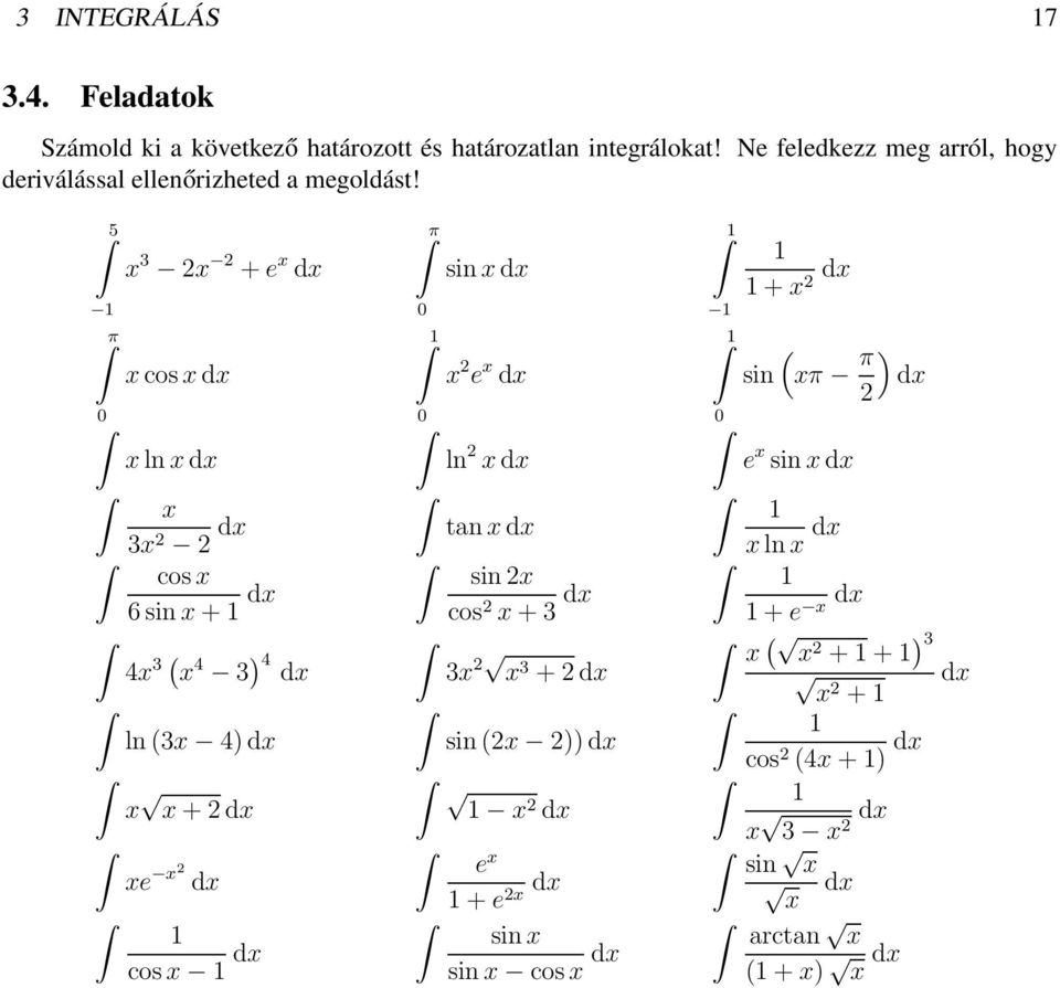 5 π x 3 x + e x dx x cos x dx x ln x dx x 3x dx cos x 6 sin x + dx 4x 3 x 4 3 )4 dx ln 3x 4) dx x x + dx xe x dx cos x dx π sin x dx