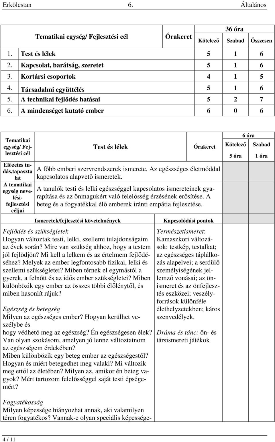 A mindenséget kutató ember 6 0 6 egység/ Fejlesztési Előzetes tudás,tapaszta lat egység nevelésifejlesztési jai Test és lélek A főbb emberi szervrendszerek ismerete.