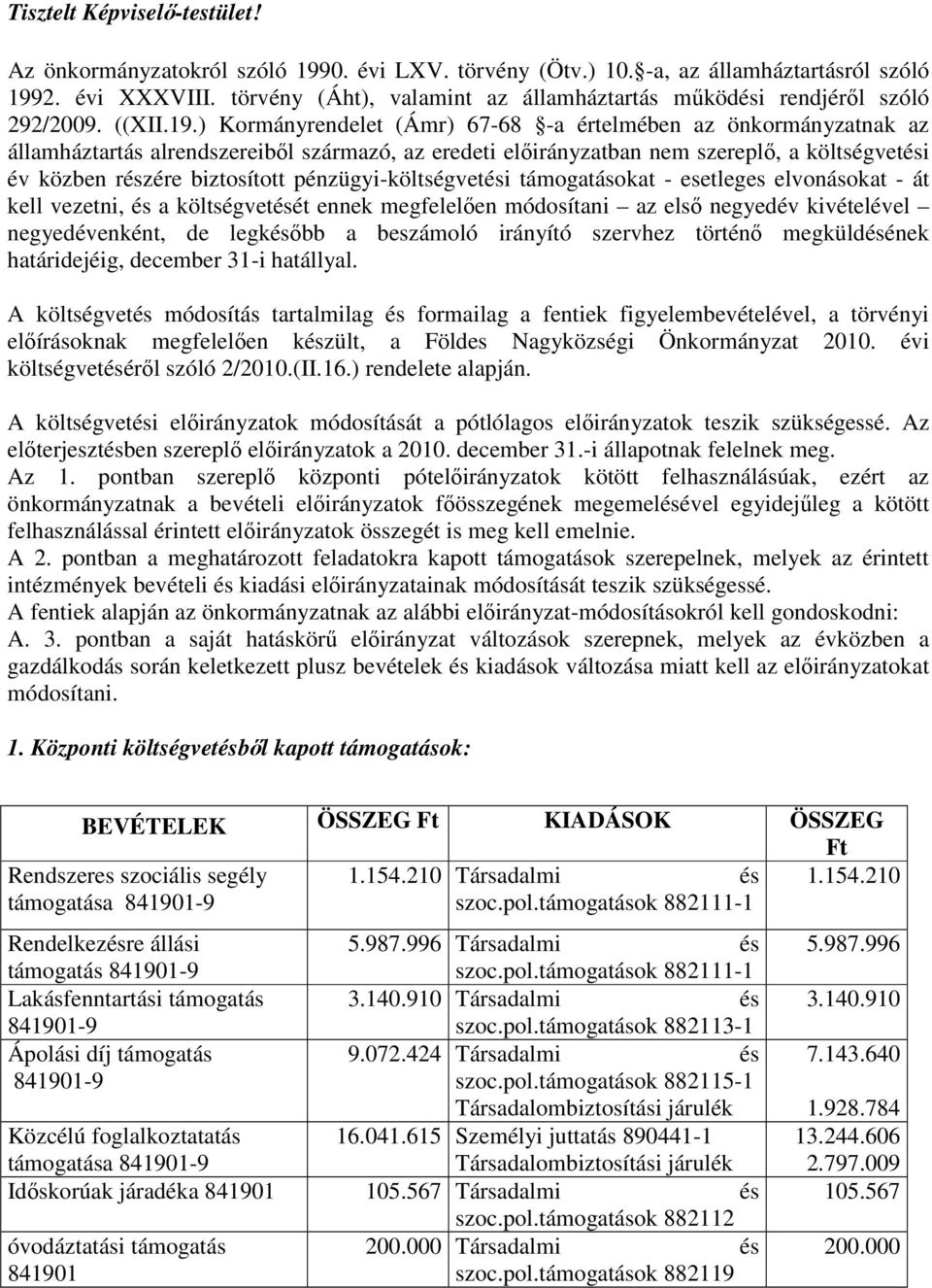 ) Kormányrendelet (Ámr) 67-68 -a értelmében az önkormányzatnak az államháztartás alrendszereiből származó, az eredeti előirányzatban nem szereplő, a költségvetési év közben részére biztosított
