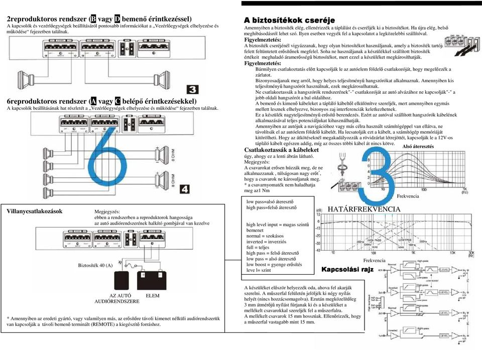 Villanycsatlakozások Megjegyzés: ebben a rendszerben a reproduktorok hangossága az autó audiórendszerének halkító gombjával van kezelve Biztosíték 40 (A) A biztosítékok cseréje Amennyiben a