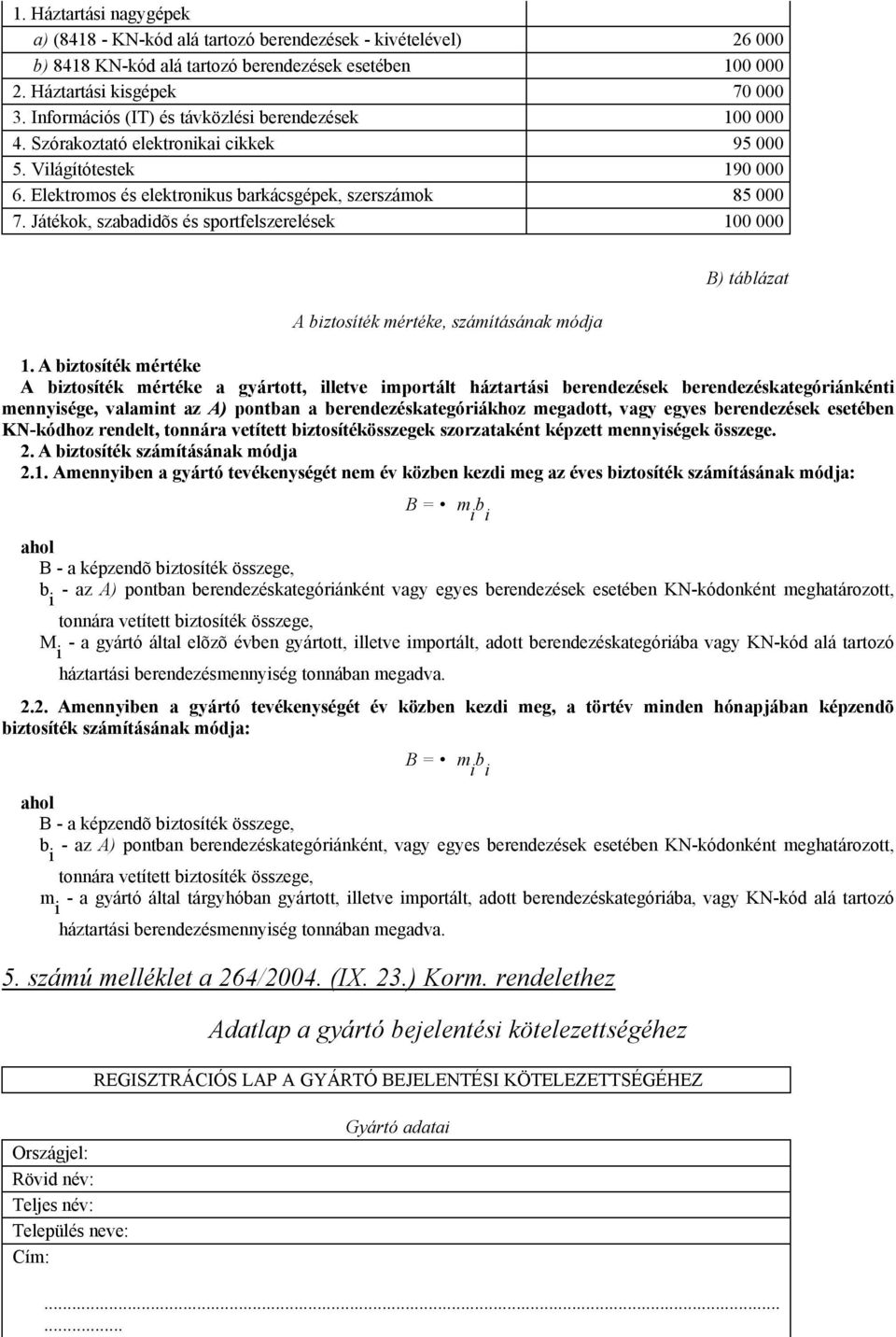 Játékok, szabadidõs és sportfelszerelések 100 000 A biztosíték mértéke, számításának módja B) táblázat 1.