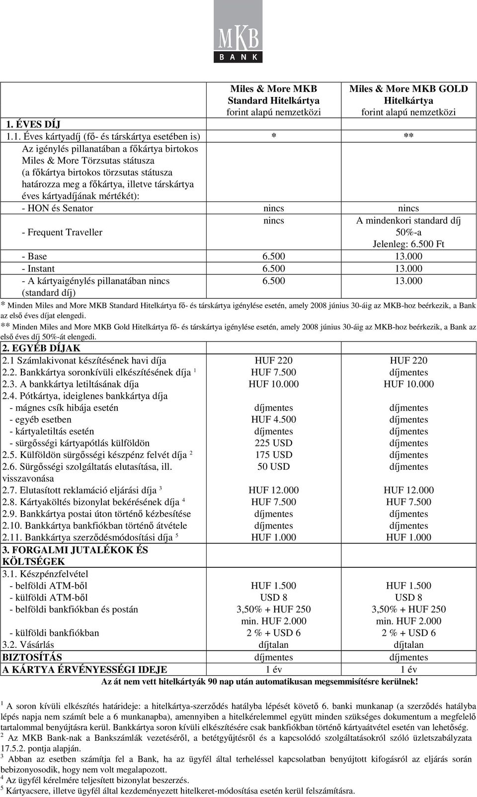 1. Éves kártyadíj (fı- és társkártya esetében is) * ** Az igénylés pillanatában a fıkártya birtokos Miles & More Törzsutas státusza (a fıkártya birtokos törzsutas státusza határozza meg a fıkártya,