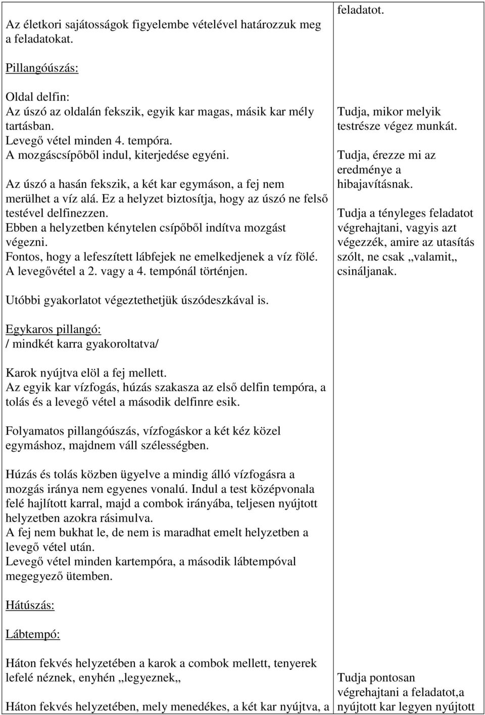 Ez a helyzet biztosítja, hogy az úszó ne felső testével delfinezzen. Ebben a helyzetben kénytelen csípőből indítva mozgást végezni. Fontos, hogy a lefeszített lábfejek ne emelkedjenek a víz fölé.