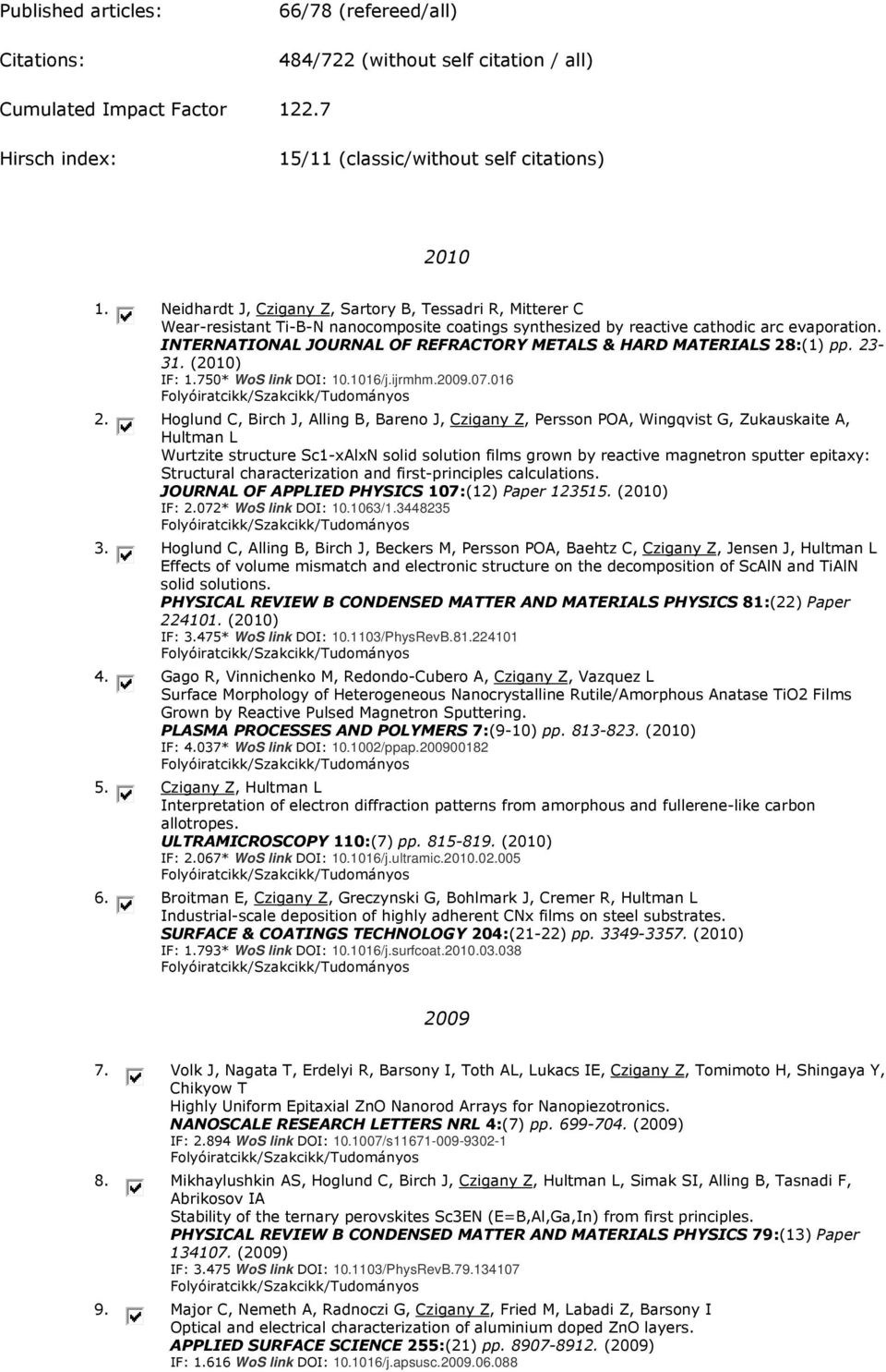 INTERNATIONAL JOURNAL OF REFRACTORY METALS & HARD MATERIALS 28:(1) pp. 23-31. (2010) IF: 1.750* WoS link DOI: 10.1016/j.ijrmhm.2009.07.016 2.
