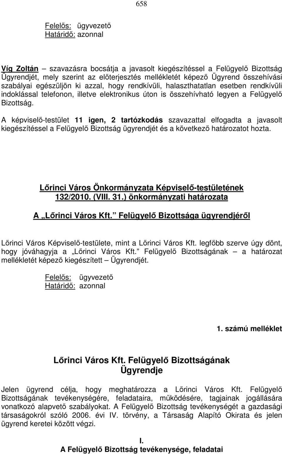 A képviselő-testület 11 igen, 2 tartózkodás szavazattal elfogadta a javasolt kiegészítéssel a Felügyelő Bizottság ügyrendjét és a következő határozatot hozta.