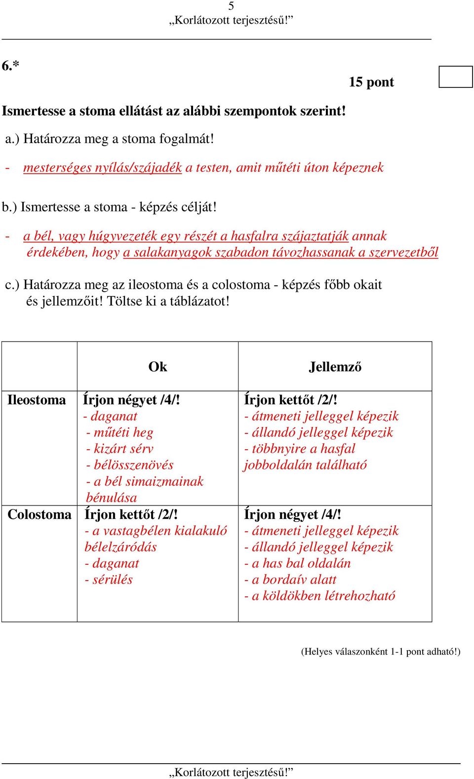 ) Határozza meg az ileostoma és a colostoma - képzés főbb okait és jellemzőit! Töltse ki a táblázatot! Ok Ileostoma Írjon négyet /4/!