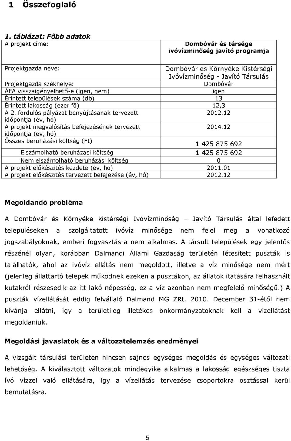 Dombóvár ÁFA visszaigényelhetı-e (igen, nem) igen Érintett települések száma (db) 13 Érintett lakosság (ezer fı) 12,3 A 2. fordulós pályázat benyújtásának tervezett 2012.