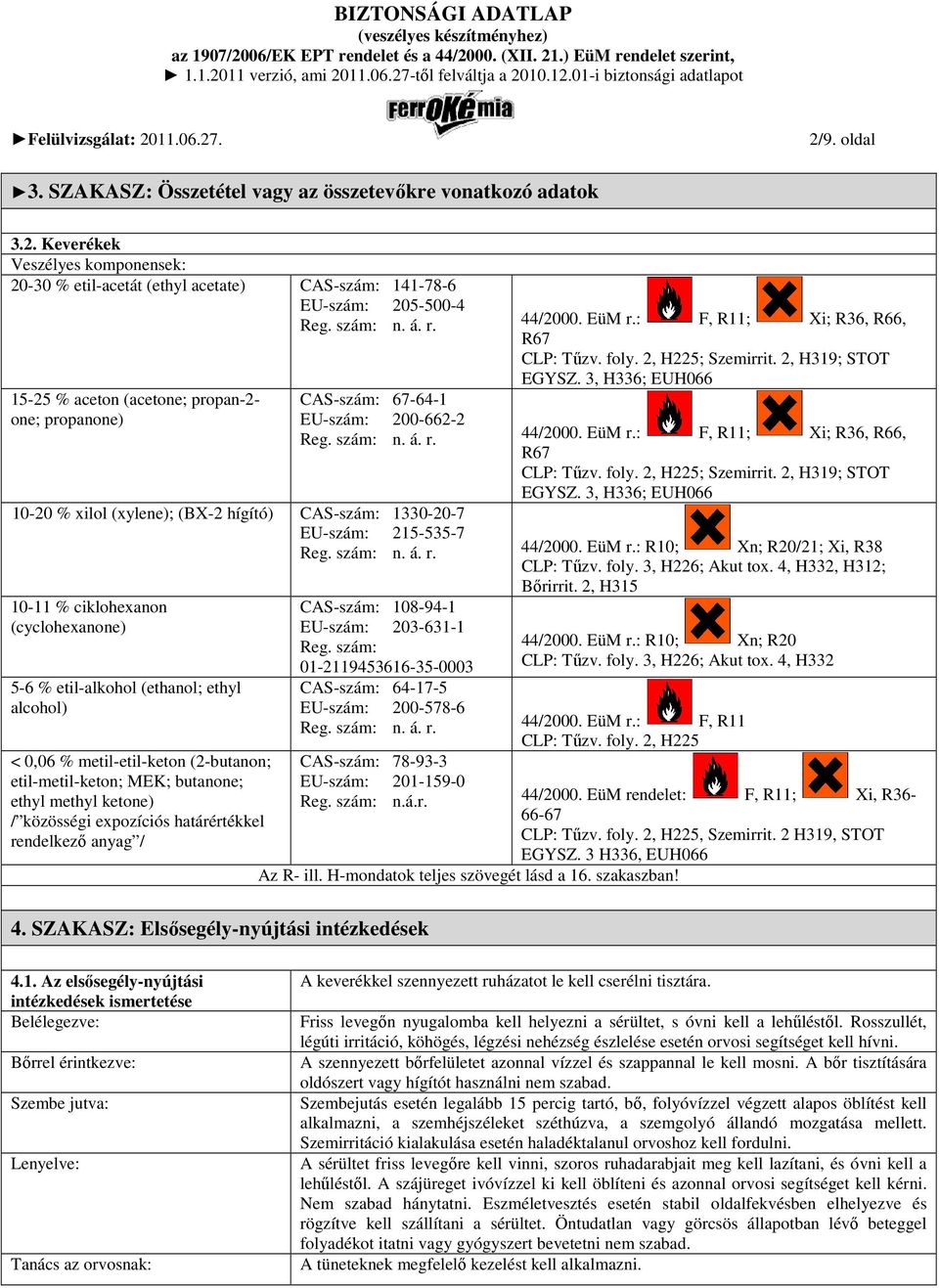 3, H336; EUH066 15-25 % aceton (acetone; propan-2- one; propanone) CAS-szám: 67-64-1 EU-szám: 200-662-2 Reg. szám: n. á. r. 44/2000. EüM r.: R67 F, R11; Xi; R36, R66, CLP: Tőzv. foly.