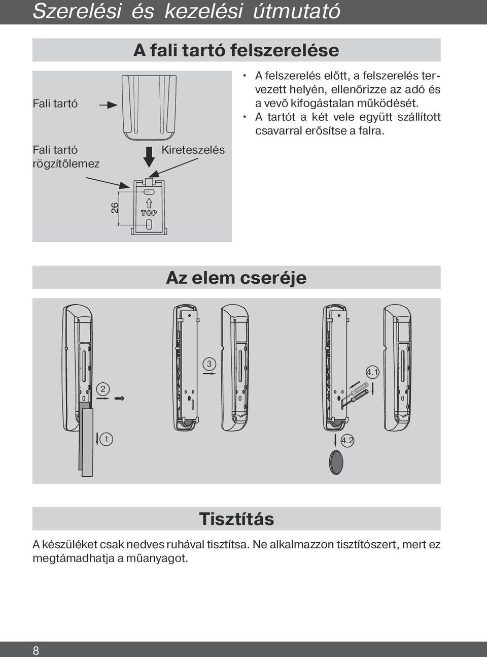 A tartót a két vele együtt szállított csavarral erősítse a falra. Az elem cseréje 2 3 4.1 1 4.