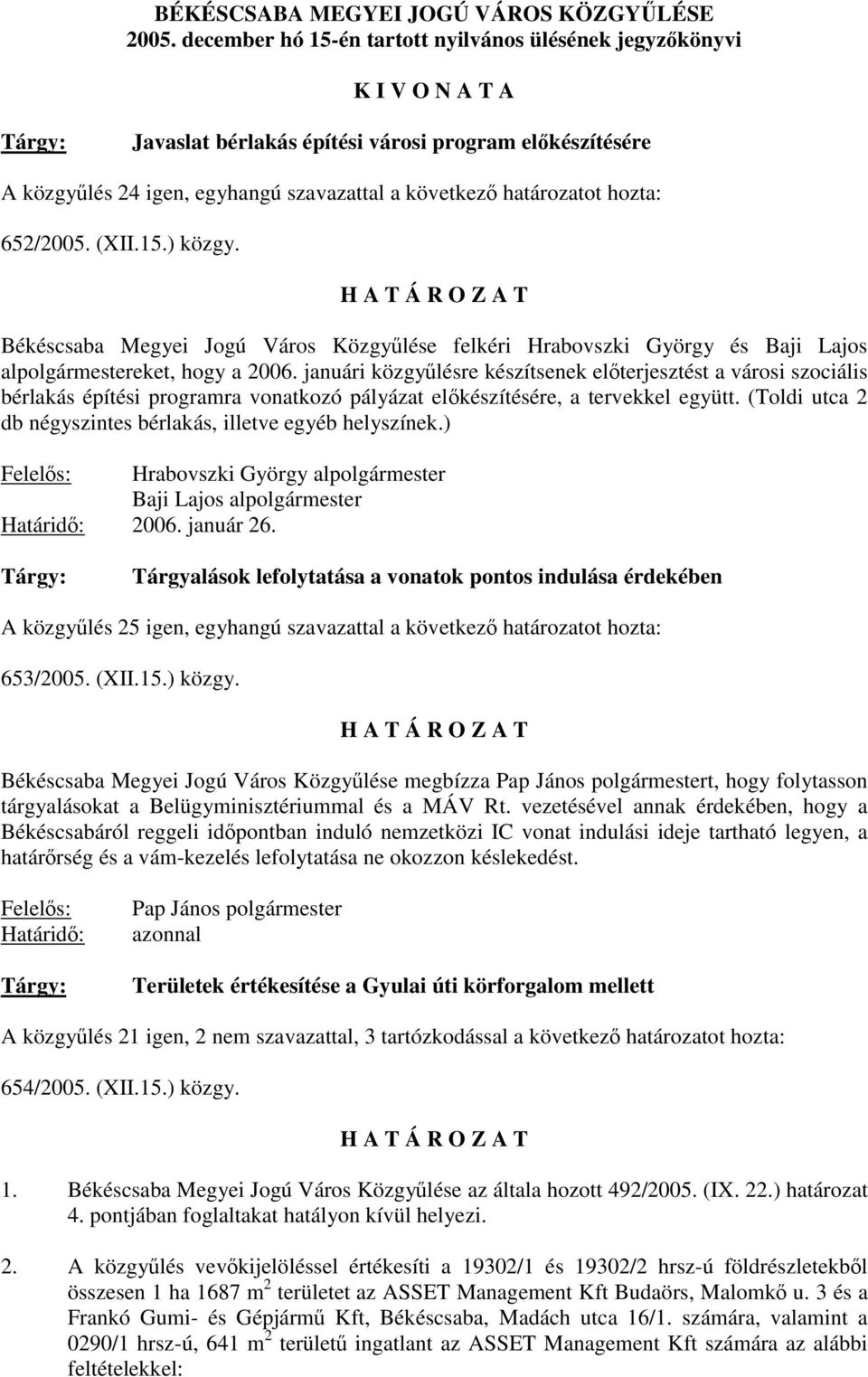 hozta: 652/2005. (XII.15.) közgy. Békéscsaba Megyei Jogú Város Közgyűlése felkéri Hrabovszki György és Baji Lajos alpolgármestereket, hogy a 2006.