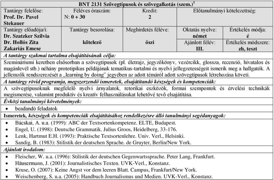 letrajz, jegyzőkönyv, vezrcikk, glossza, recenzió, hivatalos s magánlevl stb.) nhány prototipikus pldájának tematikus-tartalmi s nyelvi jellegzetessgeit ismerik meg a hallgatók.