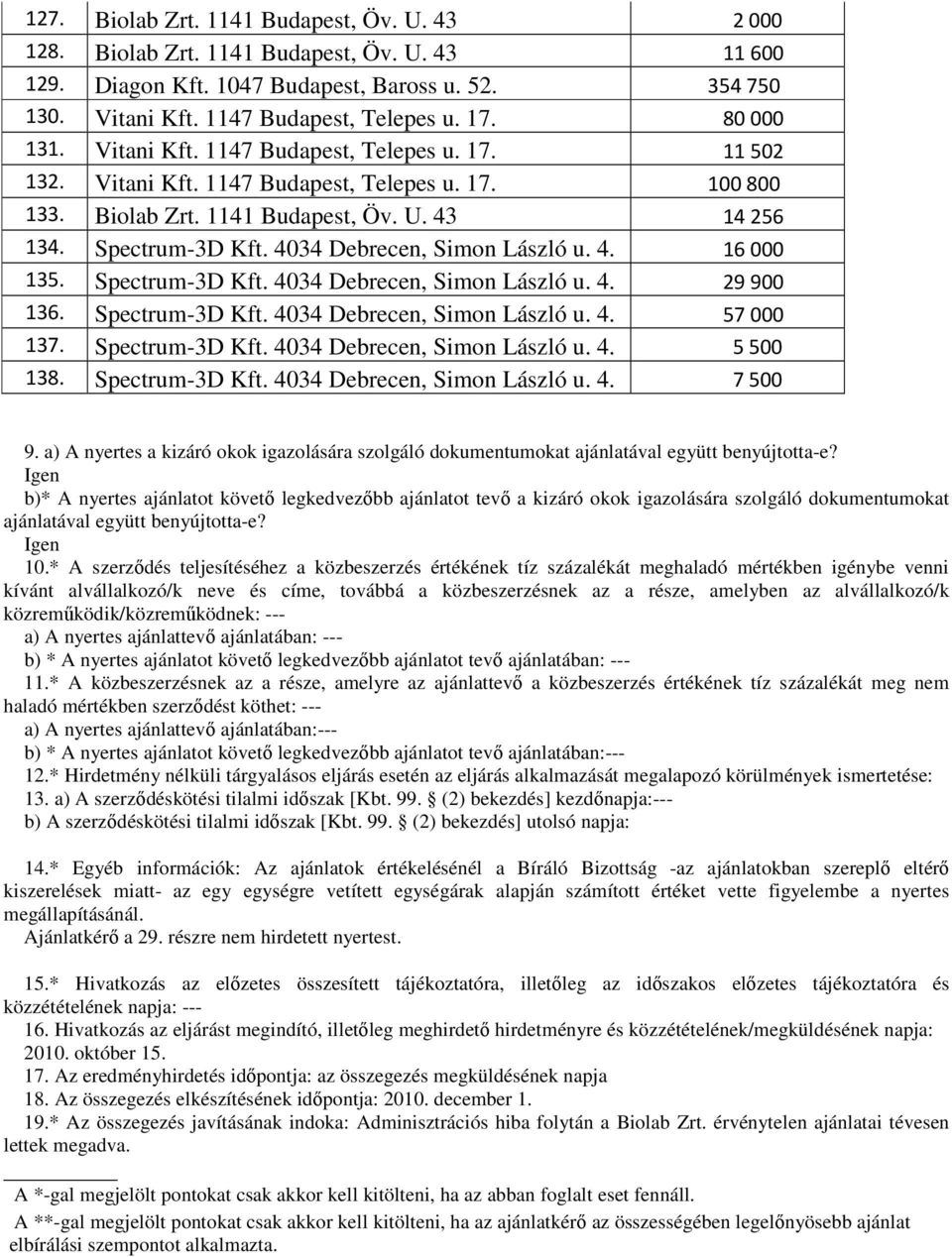 4034 Debrecen, Simon László u. 4. 16000 135. Spectrum-3D Kft. 4034 Debrecen, Simon László u. 4. 29900 136. Spectrum-3D Kft. 4034 Debrecen, Simon László u. 4. 57000 137. Spectrum-3D Kft. 4034 Debrecen, Simon László u. 4. 5500 138.