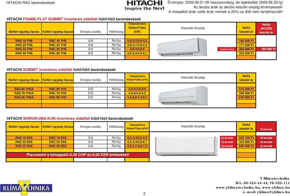 RAS 60 H5A RAC 60 H5 D/D R410a 0,9-6,5/0,9-9 515 300 Ft RAS 70 H5A RAC 70 H5 D/D R410a 0,9-8/0,9-9,5 590 600 Ft RAS 80 H5A RAC 80 H5 D/D R410a 1,5-8,5/1,5-9,7 678 900 Ft HITACHI SHIROKUMA-KUN