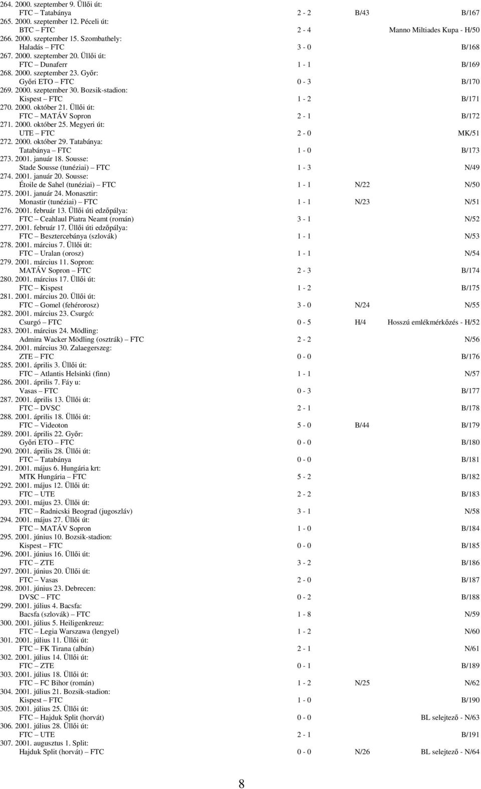Bozsik-stadion: Kispest FTC 1-2 B/171 270. 2000. október 21. Üllői út: FTC MATÁV Sopron 2-1 B/172 271. 2000. október 25. Megyeri út: UTE FTC 2-0 MK/51 272. 2000. október 29.