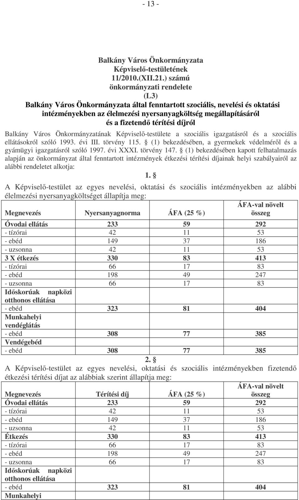 térítési díjról Balkány Város Önkormányzatának Képviselő-testülete a szociális igazgatásról és a szociális ellátásokról szóló 1993. évi III. törvény 115.