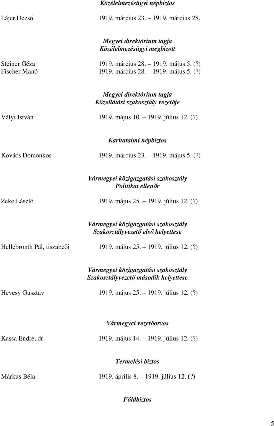 május 25. 1919. július 12. (?) Vármegyei közigazgatási szakosztály Szakosztályvezető első helyettese Hellebronth Pál, tiszabeői 1919. május 25. 1919. július 12. (?) Vármegyei közigazgatási szakosztály Szakosztályvezető második helyettese Hevesy Gusztáv 1919.