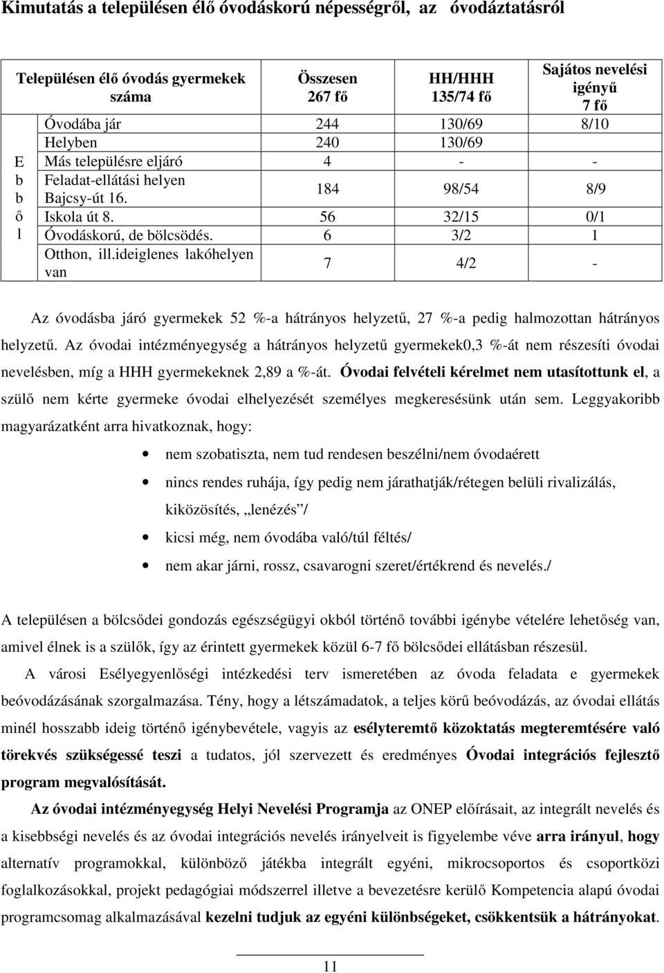 ideiglenes lakóhelyen van 7 4/2 - Az óvodásba járó gyermekek 52 %-a hátrányos helyzetű, 27 %-a pedig halmozottan hátrányos helyzetű.