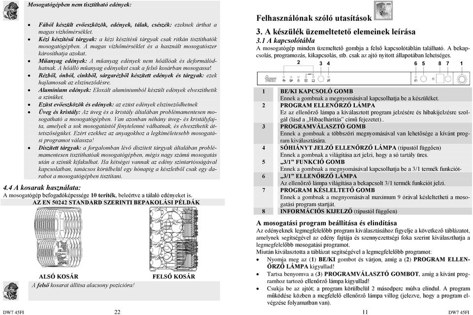 Mûanyag edények: A mûanyag edények nem hõállóak és deformálódhatnak. A hõálló mûanyag edényeket csak a felsõ kosárban mosogassa!