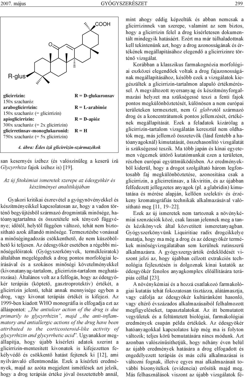 ábra: Édes ízû glicirrizin-származékok CH R = D-glukuronsav R = L-arabinóz R = D-apióz R = H san kesernyés ízéhez (és valószínûleg a keserû ízû Glycyrrhiza fajok ízéhez is) [19].