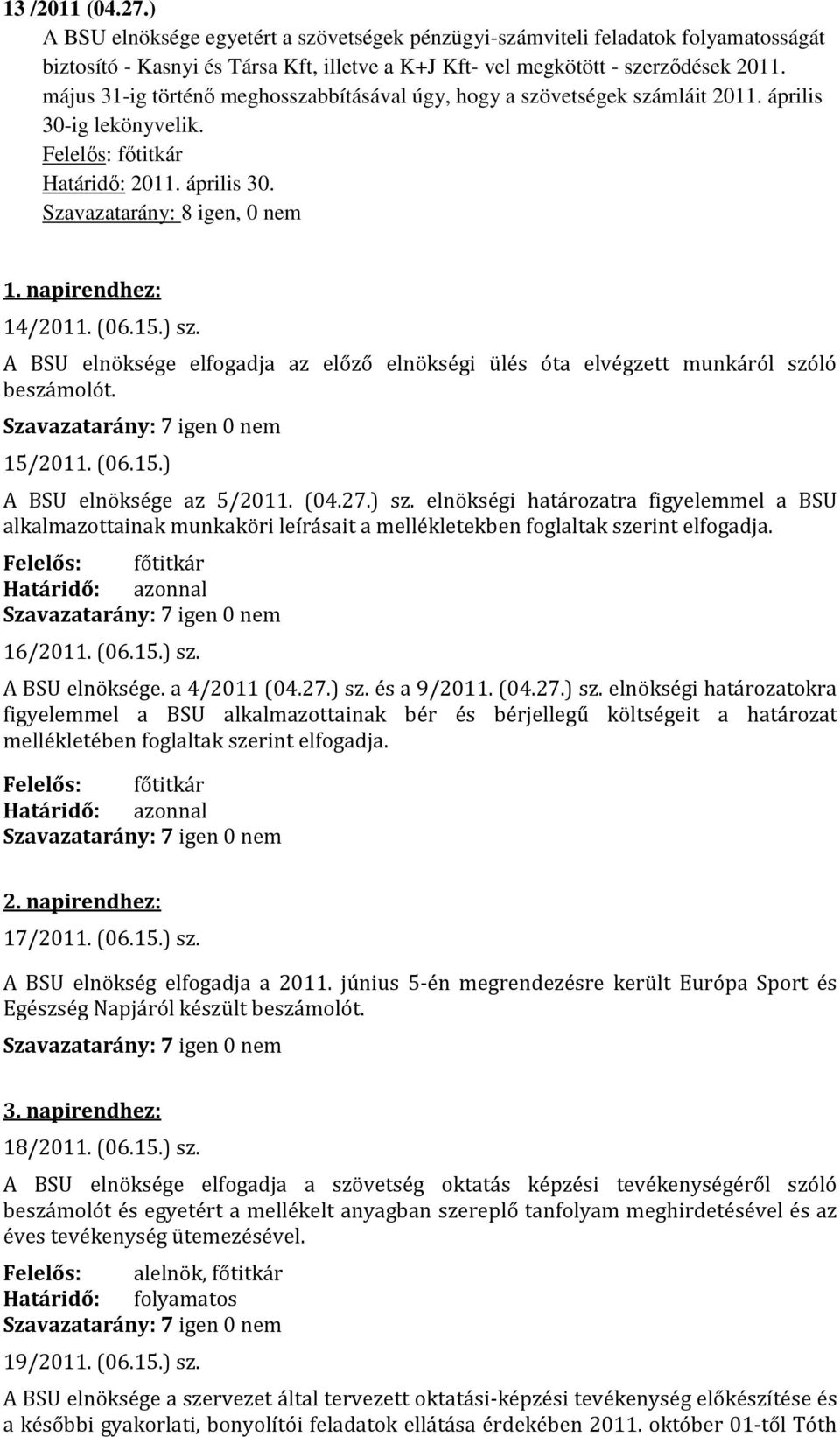 A BSU elnöksége elfogadja az előző elnökségi ülés óta elvégzett munkáról szóló beszámolót. 15/2011. (06.15.) A BSU elnöksége az 5/2011. (04.27.) sz.