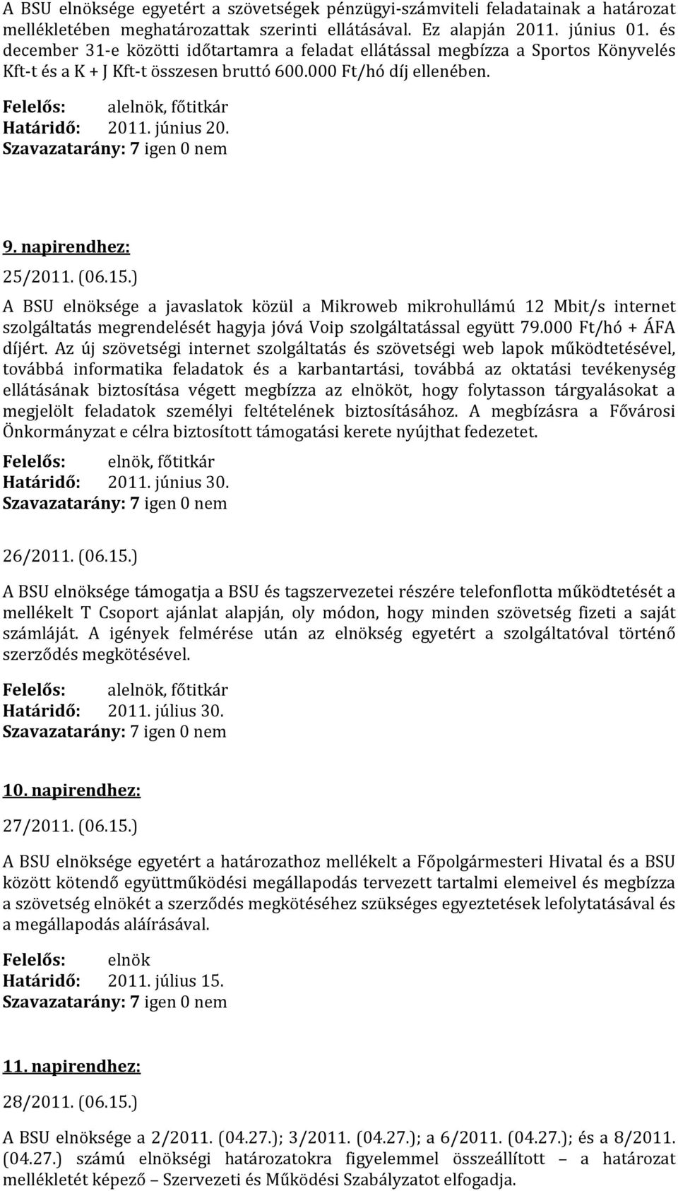 június 20. 9. napirendhez: 25/2011. (06.15.) A BSU elnöksége a javaslatok közül a Mikroweb mikrohullámú 12 Mbit/s internet szolgáltatás megrendelését hagyja jóvá Voip szolgáltatással együtt 79.