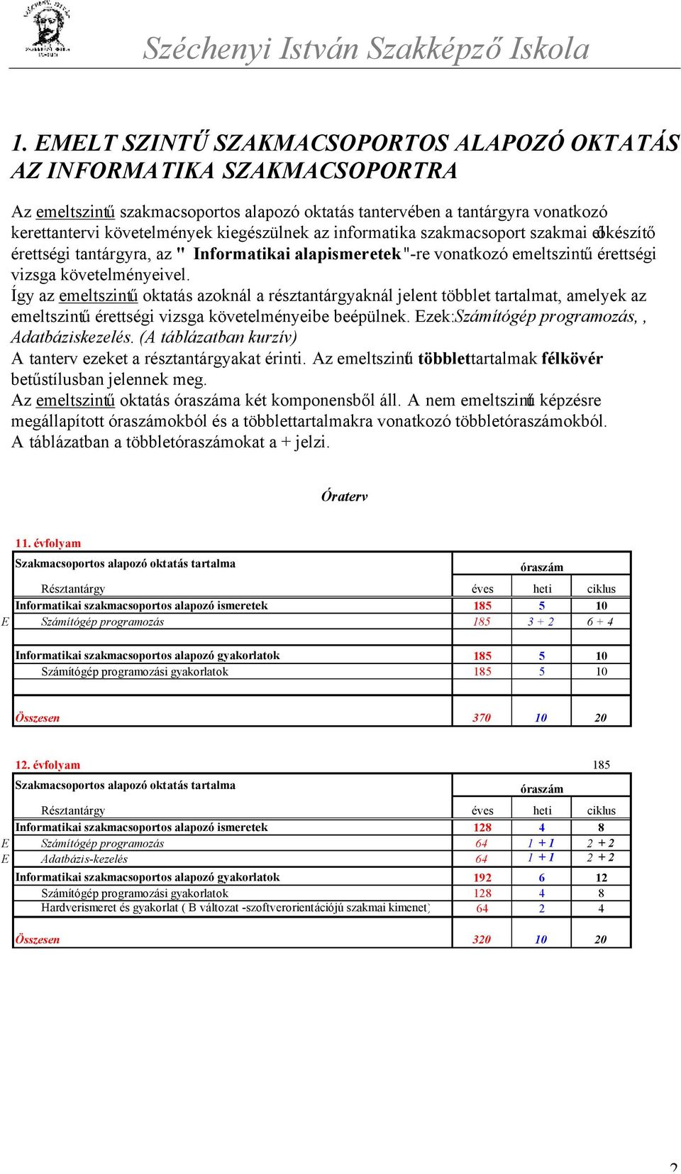 Így az emeltszintű oktatás azoknál a résztantárgyaknál jelent többlet tartalmat, amelyek az emeltszintű érettségi vizsga követelményeibe beépülnek. Ezek: Számítógép programozás,, Adatbáziskezelés.