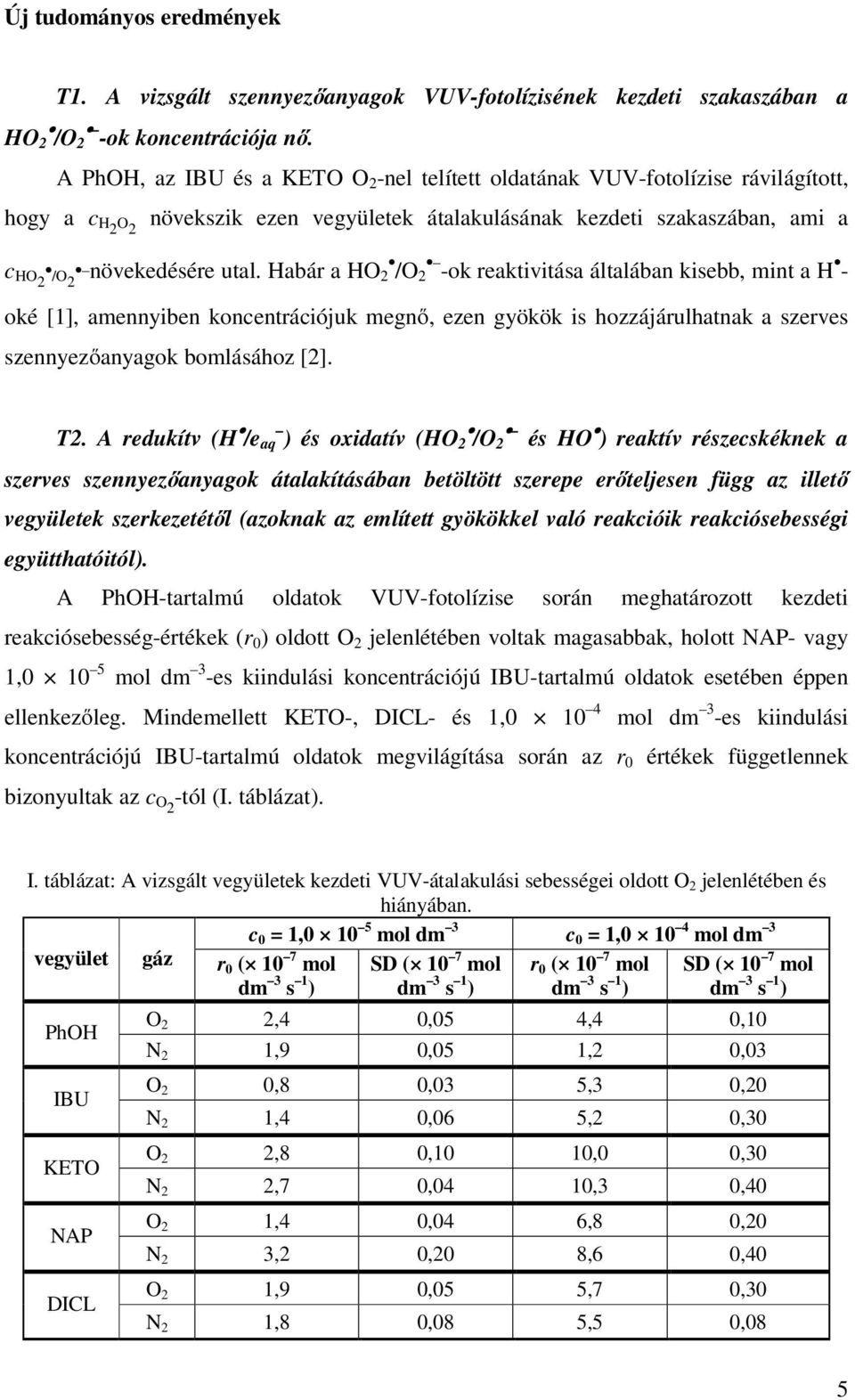 Habár a HO 2 /O 2 -ok reaktivitása általában kisebb, mint a H - oké [1], amennyiben koncentrációjuk megnő, ezen gyökök is hozzájárulhatnak a szerves szennyezőanyagok bomlásához [2]. T2.