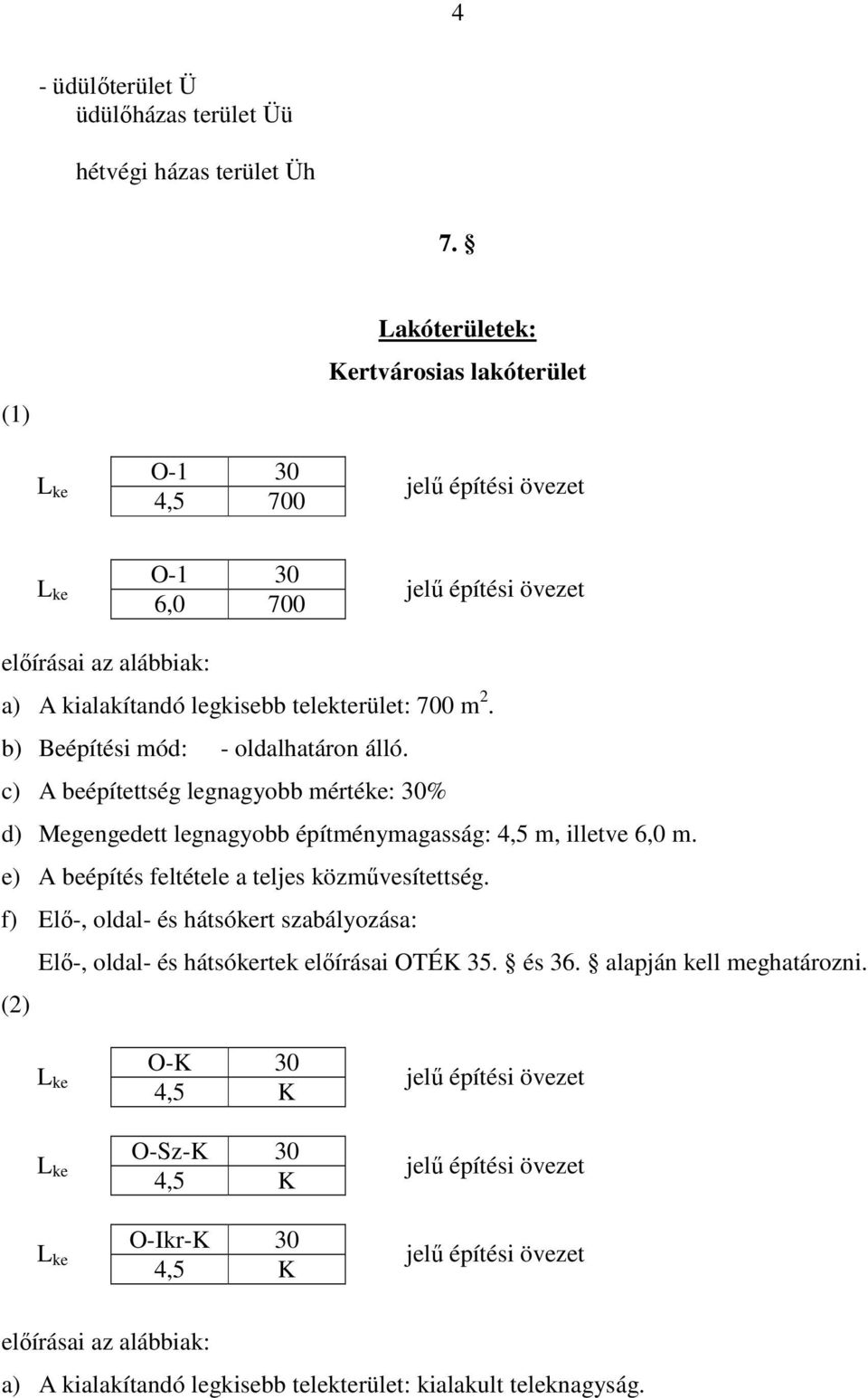 b) Beépítési mód: - oldalhatáron álló. c) A beépítettség legnagyobb mértéke: 30% d) Megengedett legnagyobb építménymagasság: 4,5 m, illetve 6,0 m.