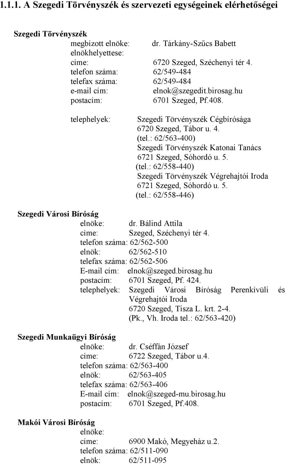 : 62/563-400) Szegedi Törvényszék Katonai Tanács 6721 Szeged, Sóhordó u. 5. (tel.: 62/558-440) Szegedi Törvényszék Végrehajtói Iroda 6721 Szeged, Sóhordó u. 5. (tel.: 62/558-446) Szegedi Városi Bíróság dr.