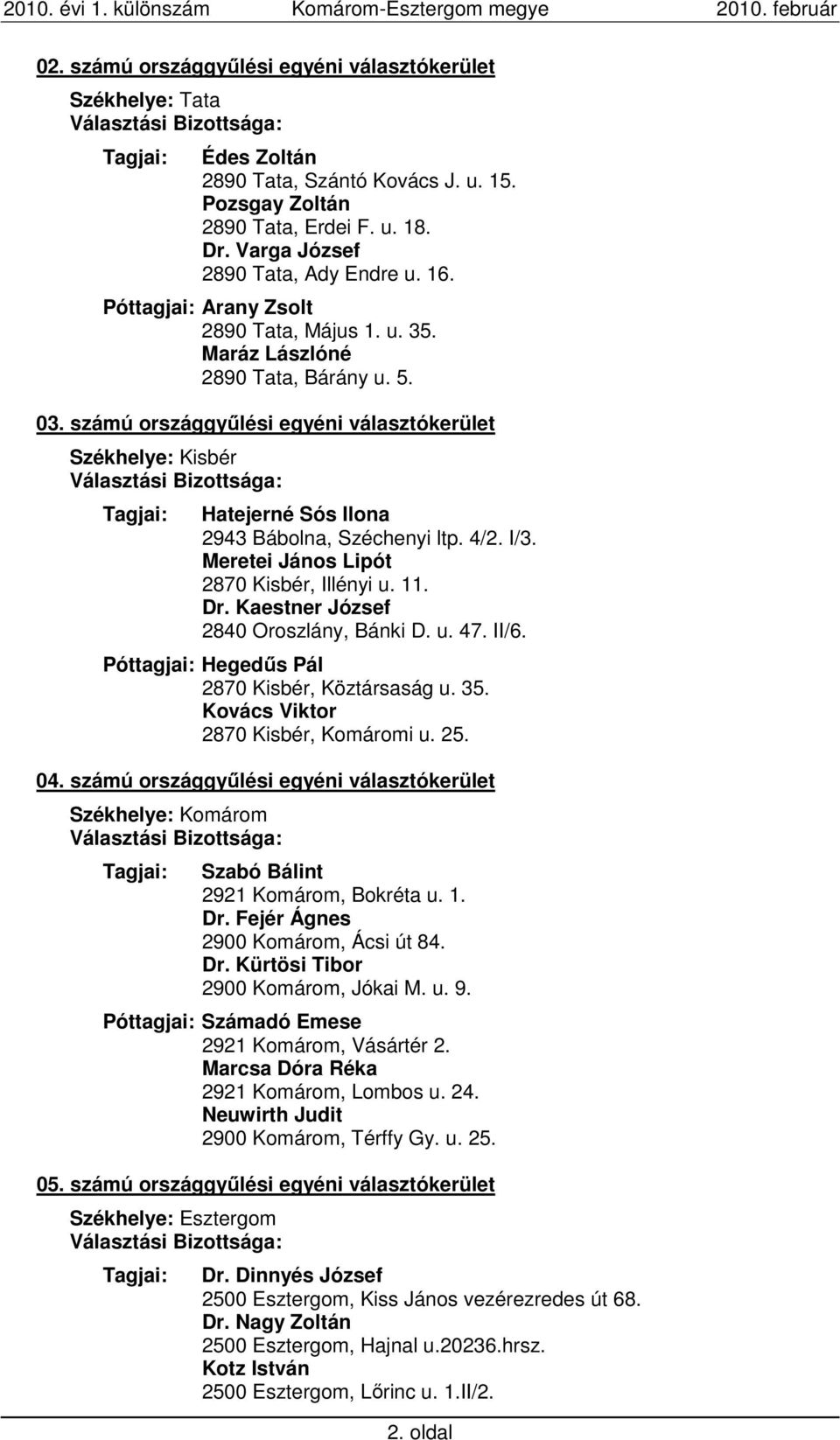 számú országgyőlési egyéni választókerület Székhelye: Kisbér Választási Bizottsága: Hatejerné Sós Ilona 2943 Bábolna, Széchenyi ltp. 4/2. I/3. Meretei János Lipót 2870 Kisbér, Illényi u. 11. Dr.