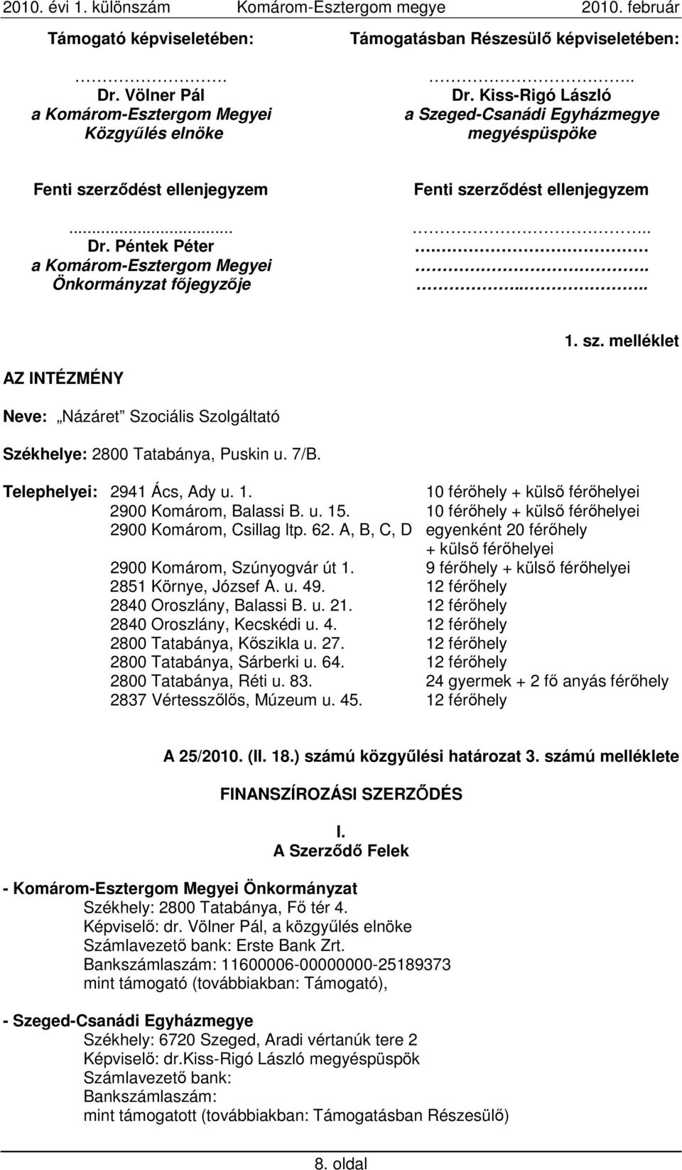 ... AZ INTÉZMÉNY Neve: Názáret Szociális Szolgáltató Székhelye: 2800 Tatabánya, Puskin u. 7/B. 1. sz. melléklet Telephelyei: 2941 Ács, Ady u. 1. 10 férıhely + külsı férıhelyei 2900 Komárom, Balassi B.