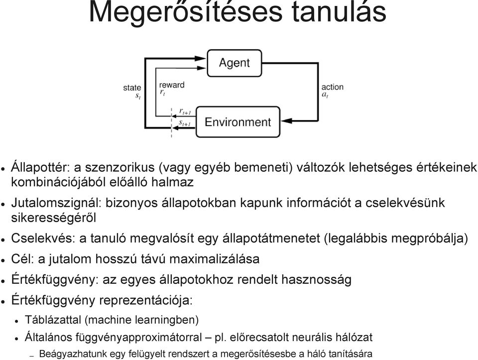 Cél: a jutalom hosszú távú maximalizálása Értékfüggvény: az egyes állapotokhoz rendelt hasznosság Értékfüggvény reprezentációja: Táblázattal (machine