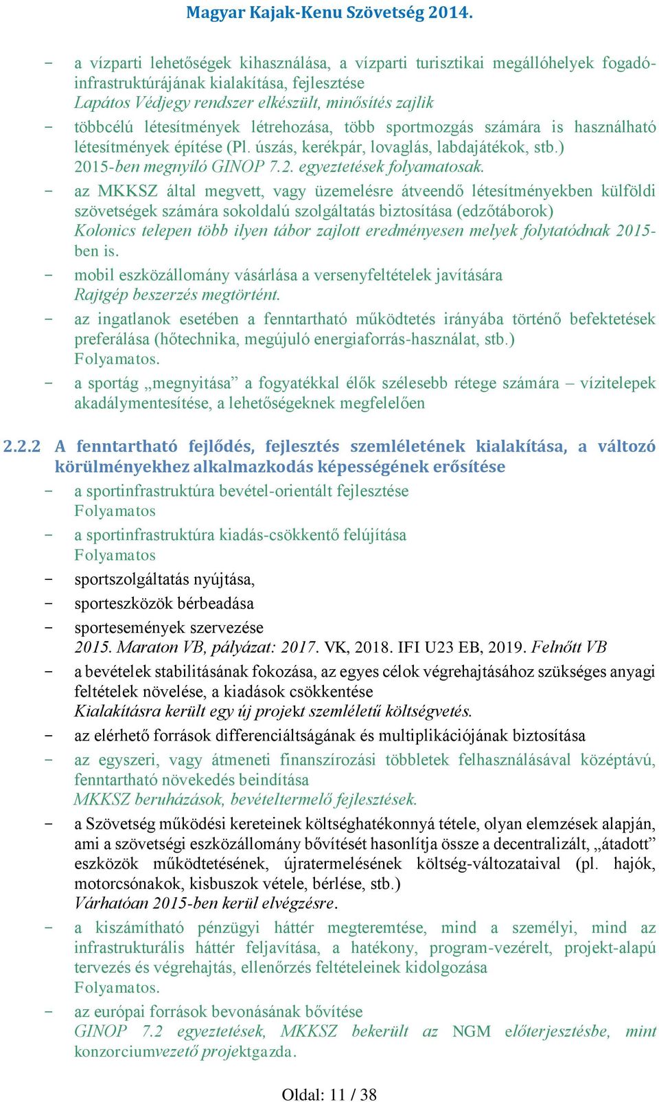 - az MKKSZ által megvett, vagy üzemelésre átveendő létesítményekben külföldi szövetségek számára sokoldalú szolgáltatás biztosítása (edzőtáborok) Kolonics telepen több ilyen tábor zajlott