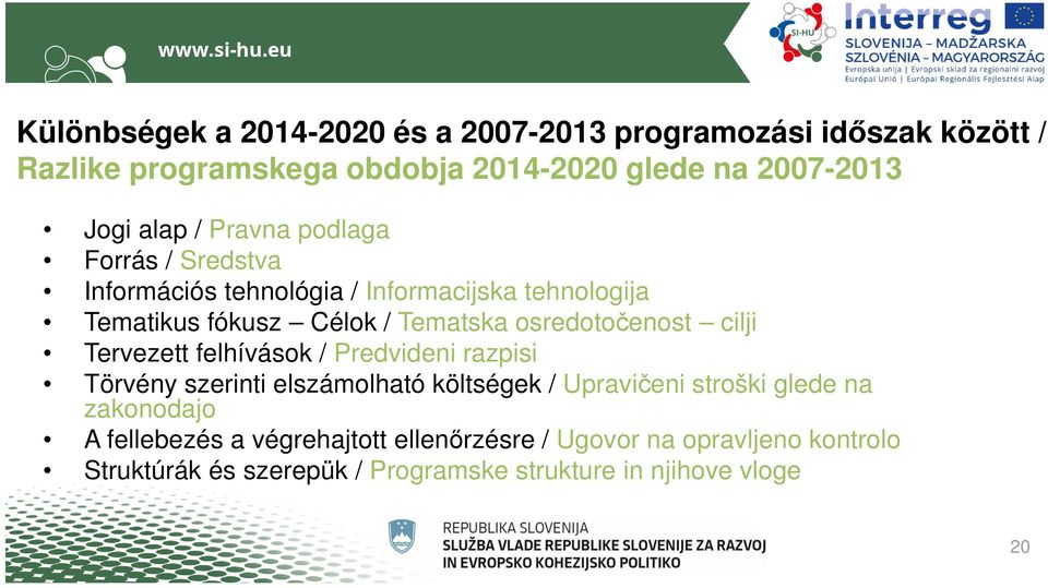 osredotočenost cilji Tervezett felhívások / Predvideni razpisi Törvény szerinti elszámolható költségek / Upravičeni stroški glede na