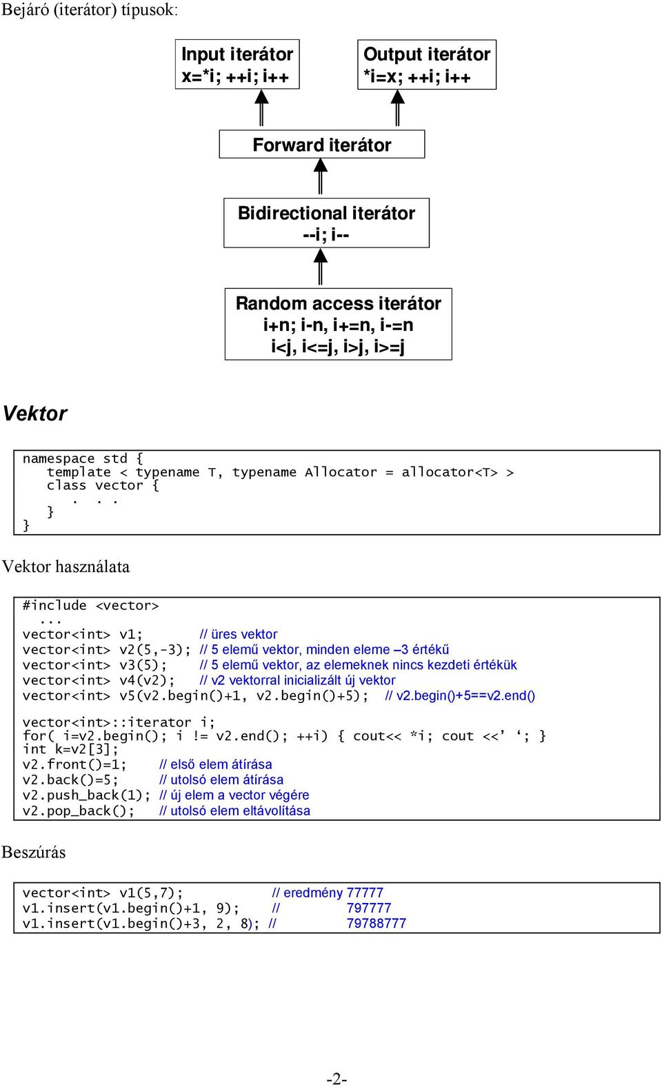 .. vector<int> v1; // üres vektor vector<int> v2(5,-3); // 5 elemű vektor, minden eleme 3 értékű vector<int> v3(5); // 5 elemű vektor, az elemeknek nincs kezdeti értékük vector<int> v4(v2); // v2