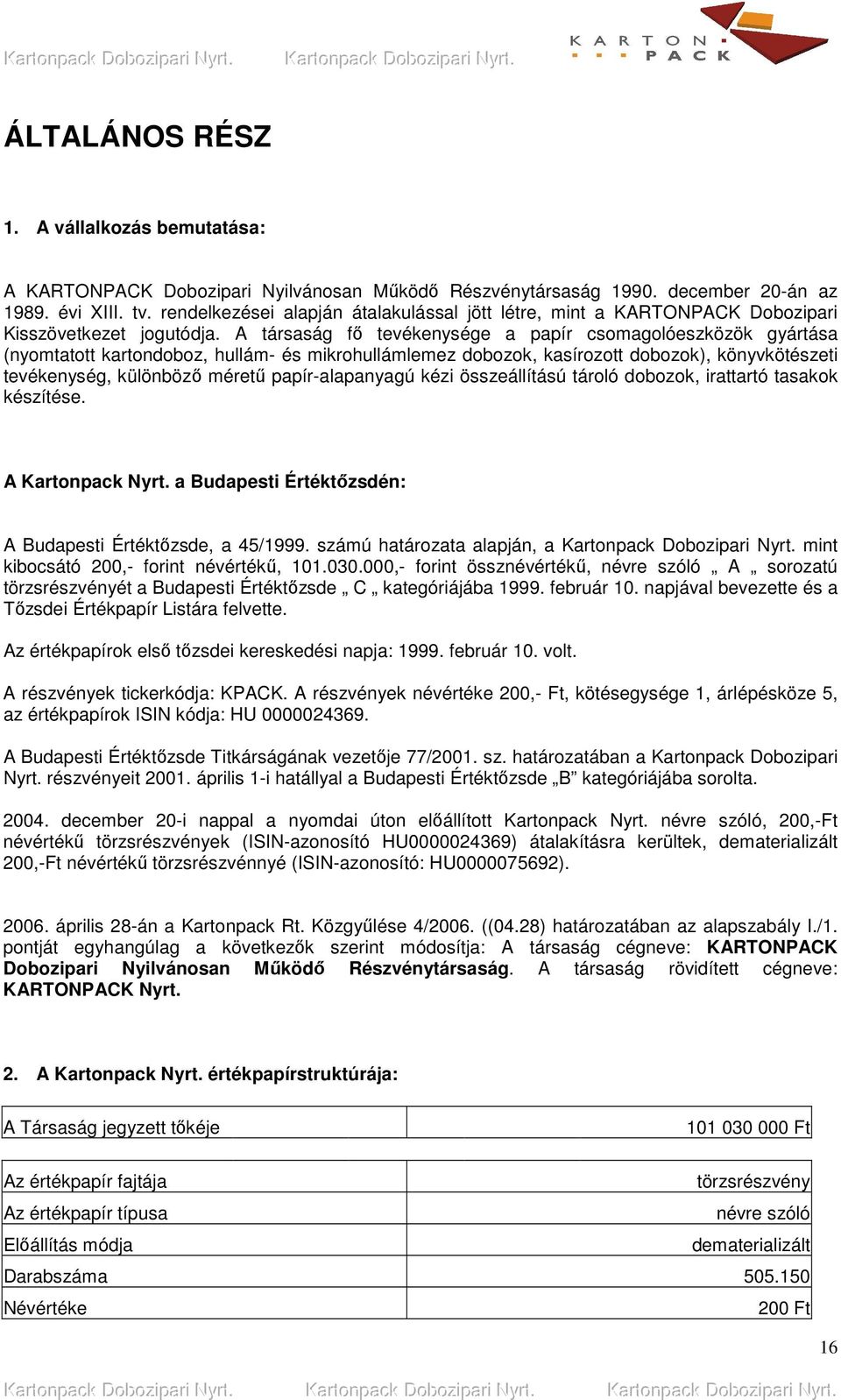 A társaság fı tevékenysége a papír csomagolóeszközök gyártása (nyomtatott kartondoboz, hullám- és mikrohullámlemez dobozok, kasírozott dobozok), könyvkötészeti tevékenység, különbözı mérető