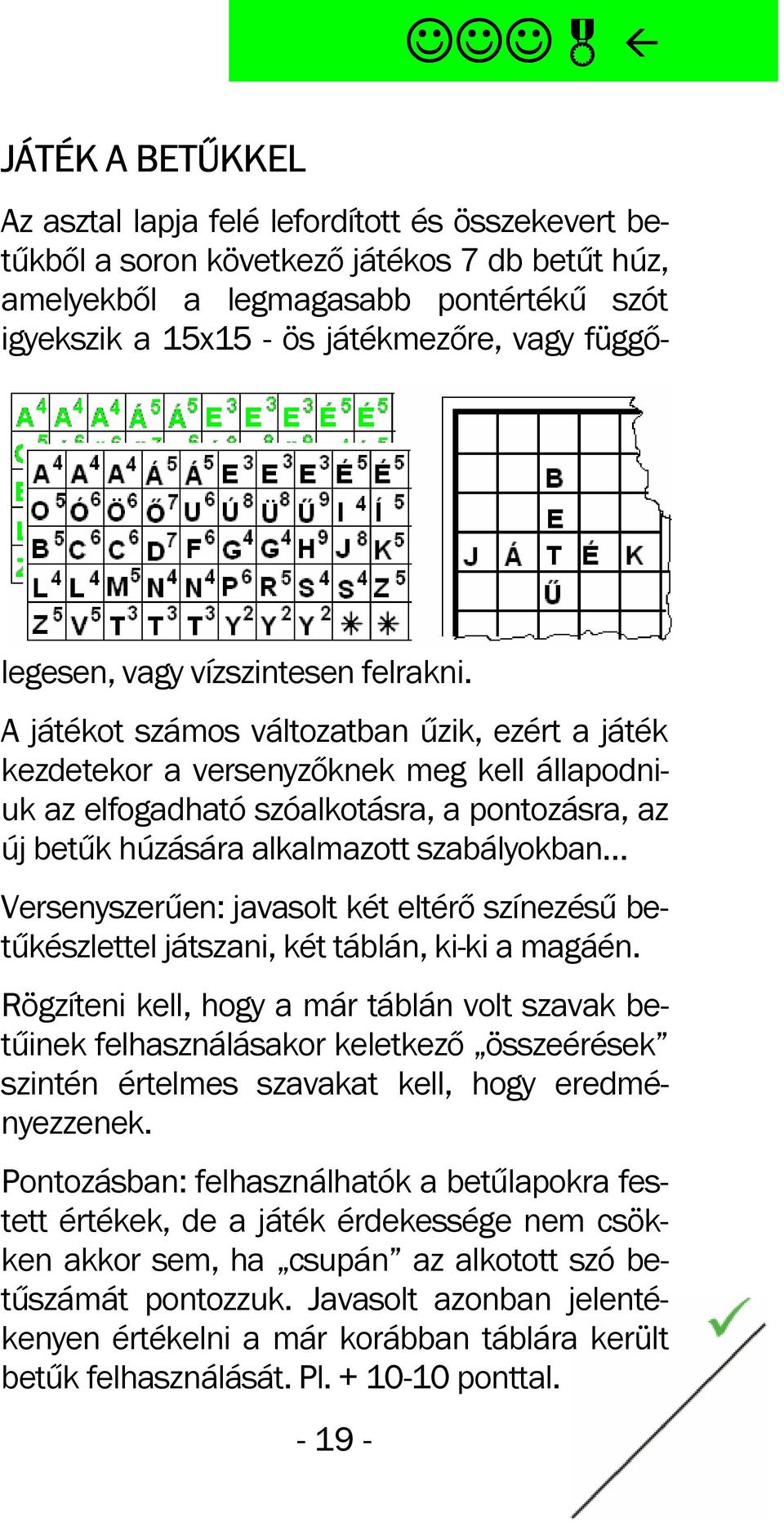 A játékot számos változatban űzik, ezért a játék kezdetekor a versenyzőknek meg kell állapodniuk az elfogadható szóalkotásra, a pontozásra, az új betűk húzására alkalmazott szabályokban