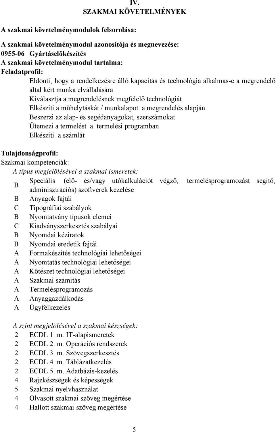 munkalapot a megrendelés alapján Beszerzi az alap- és segédanyagokat, szerszámokat Ütemezi a termelést a termelési programban Elkészíti a számlát Tulajdonságprofil: Szakmai kompetenciák: típus