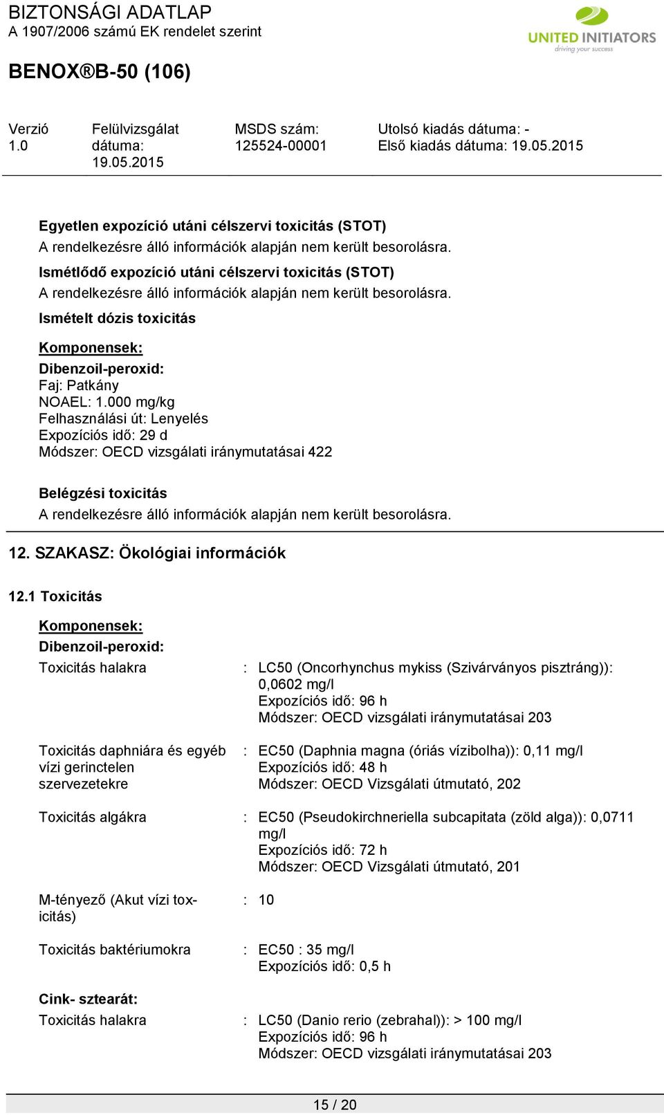 Ismételt dózis toxicitás Faj: Patkány NOAEL: 00 mg/kg Felhasználási út: Lenyelés Expozíciós idő: 29 d Módszer: OECD vizsgálati iránymutatásai 422 Belégzési toxicitás A rendelkezésre álló információk