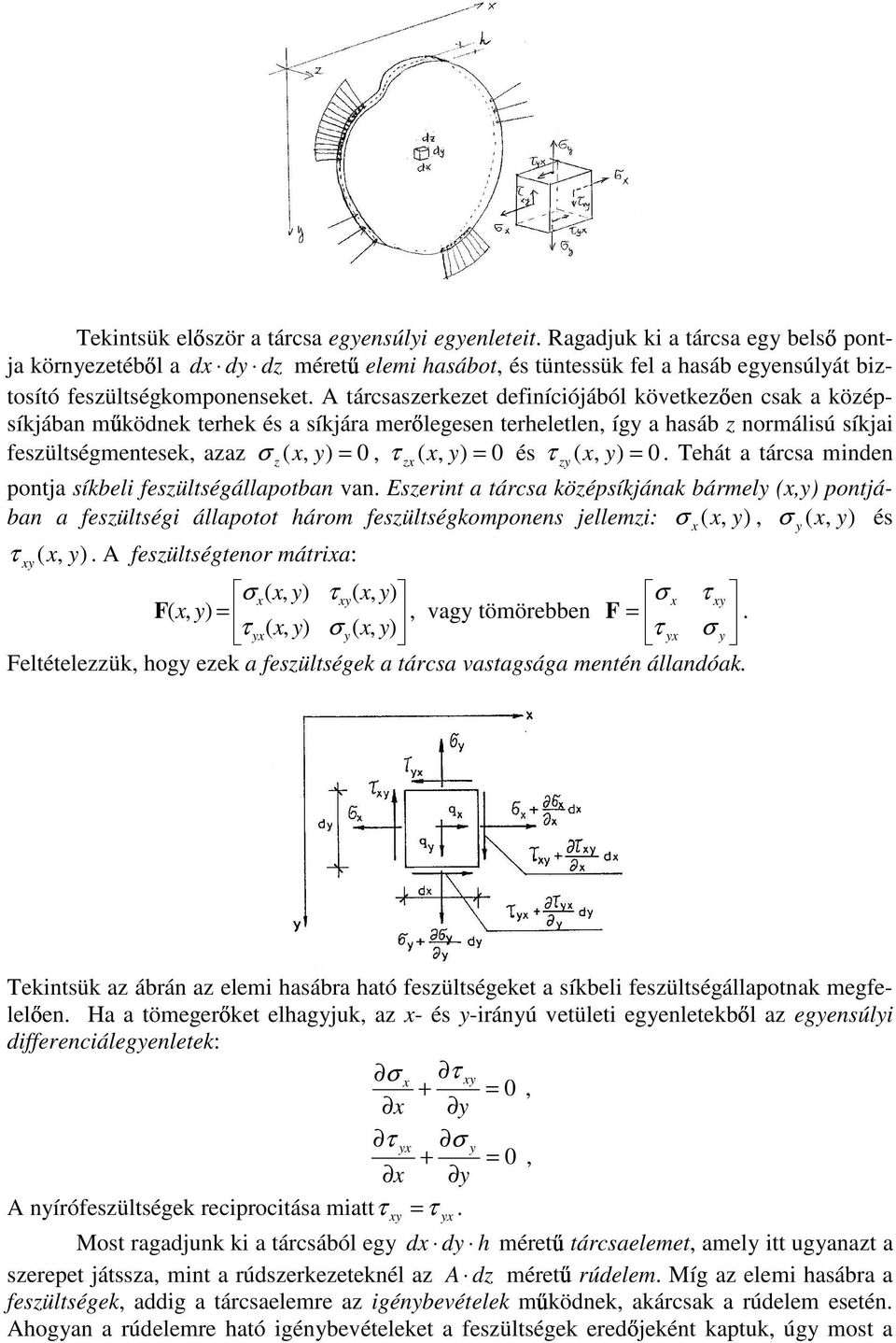 feszültségállapotba va szert a tárcsa középsíkjáak bármel ( potjába a feszültség állapotot három feszültségkompoes jellemz: ( ( és τ ( A feszültségteor mátra: ( τ( τ ( vag tömörebbe τ ( ( τ