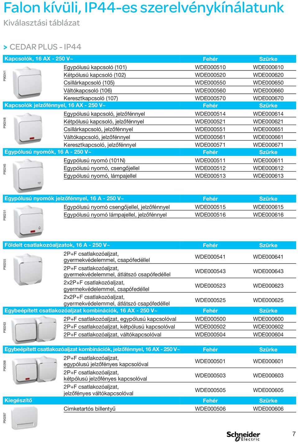 P90241 Egypólusú kapcsoló, jelzőfénnyel WDE000514 WDE000614 Kétpólusú kapcsoló, jelzőfénnyel WDE000521 WDE000621 Csillárkapcsoló, jelzőfénnyel WDE000551 WDE000651 Váltókapcsoló, jelzőfénnyel